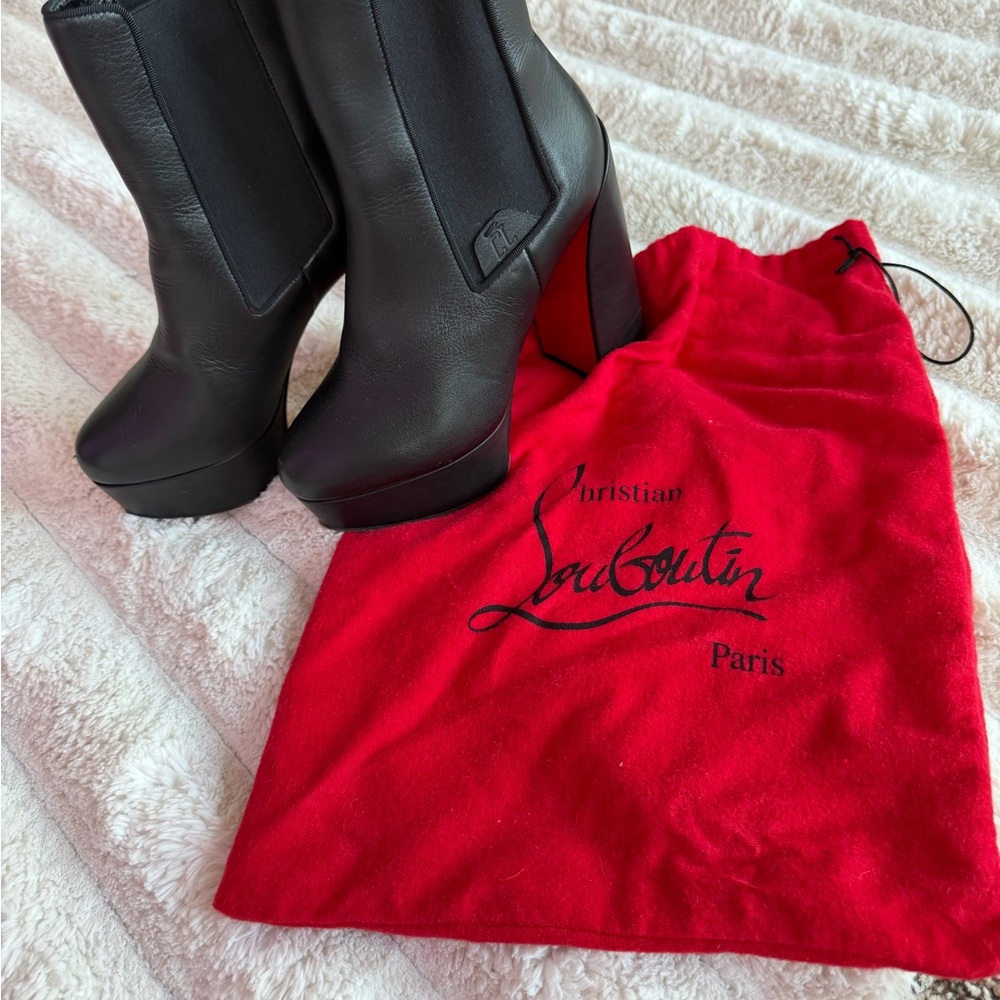 Christian Louboutin Black Leather Platform Ankle Boots with Red Dust Bag